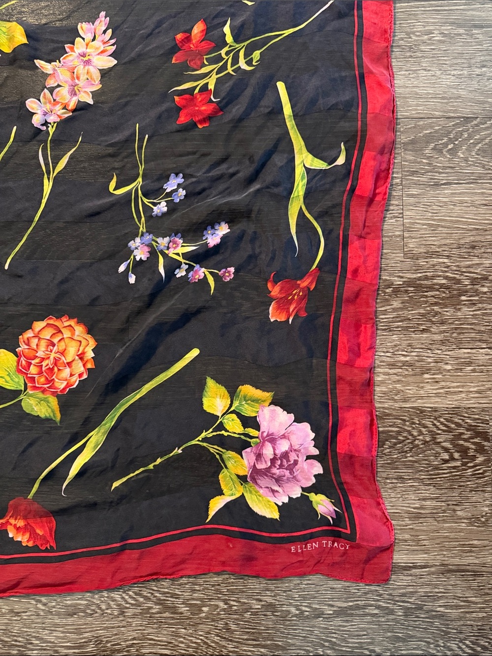 Ellen Tracy Black Silk Scarf with Red Border and Pink Floral Print - Picture 4 of 5